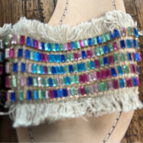 Kate Spade Sandal Raffia Natural Canvas multicolor jewel details size 8 - Picture 4 of 11